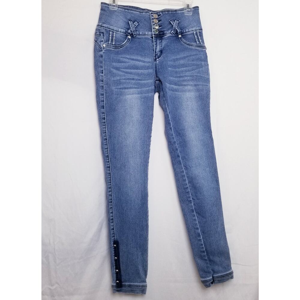 Mitzi Michel Embellished High Waisted 4-Button Skinny Jeans Sz 7 Juniors Sizing
